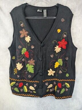 Vintage Holiday Editions Fall Autumn Embroidered Sweater Vest XL Grandmacore
